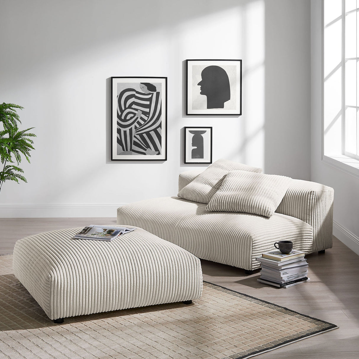 2 Piece 91" Modular Corduroy Upholstered Armless Loveseat and Ottoman Set