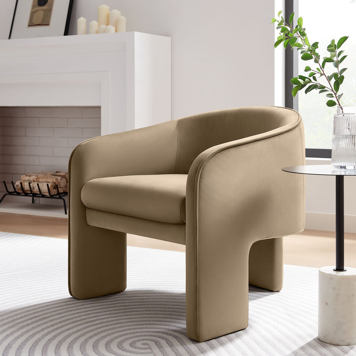 27 Inch Greer Modern Performance Velvet Barrel Accent Chair with 3-Leg Design