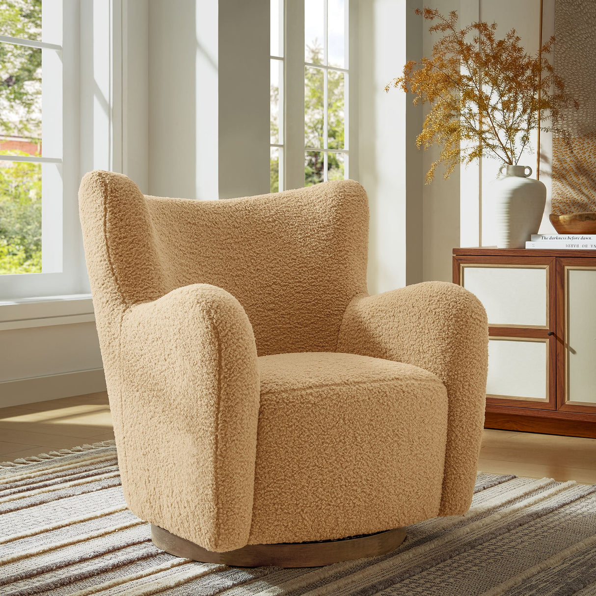 31 Inch Wingback Sherpa Swivel Accent Chair