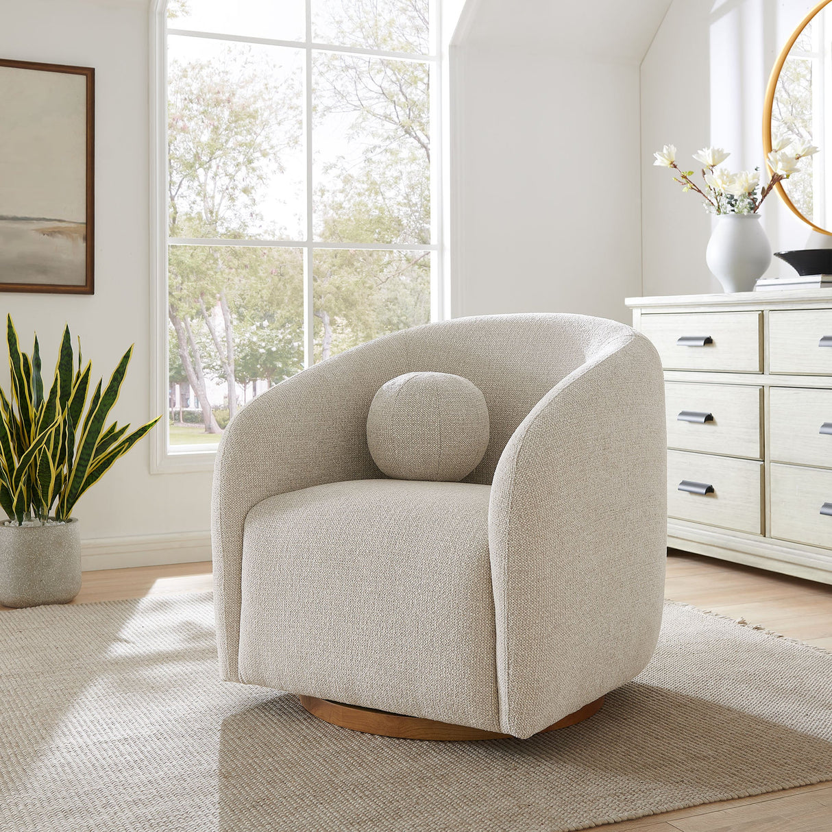 31 Inch Curved Swivel Chenille Fabric Armchair