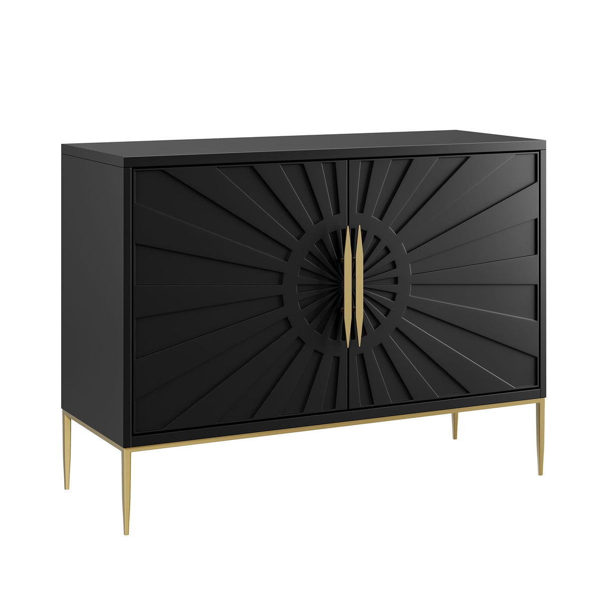 47 Inch Sunburst Design Wood Veneer Accent Cabinet with Gold Metal Base
