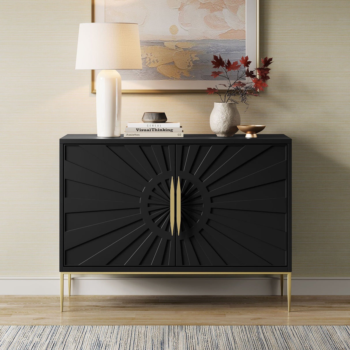 47 Inch Sunburst Design Wood Veneer Accent Cabinet with Gold Metal Base