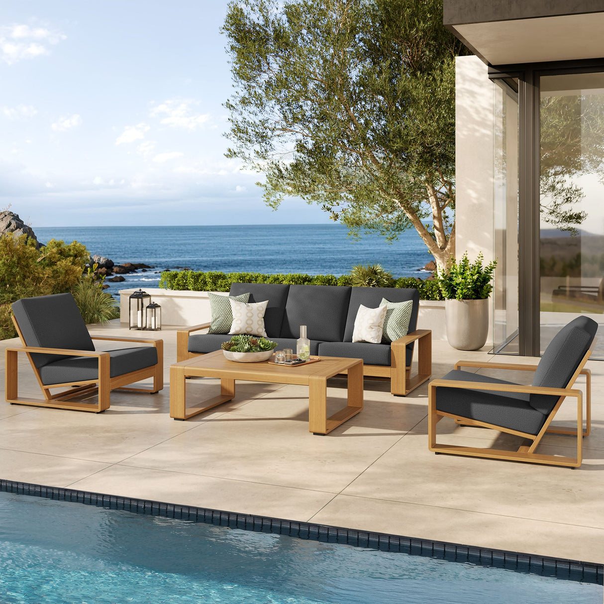 4-Piece Modern Aluminum Faux Wood Outdoor Patio Conversation Furniture Set