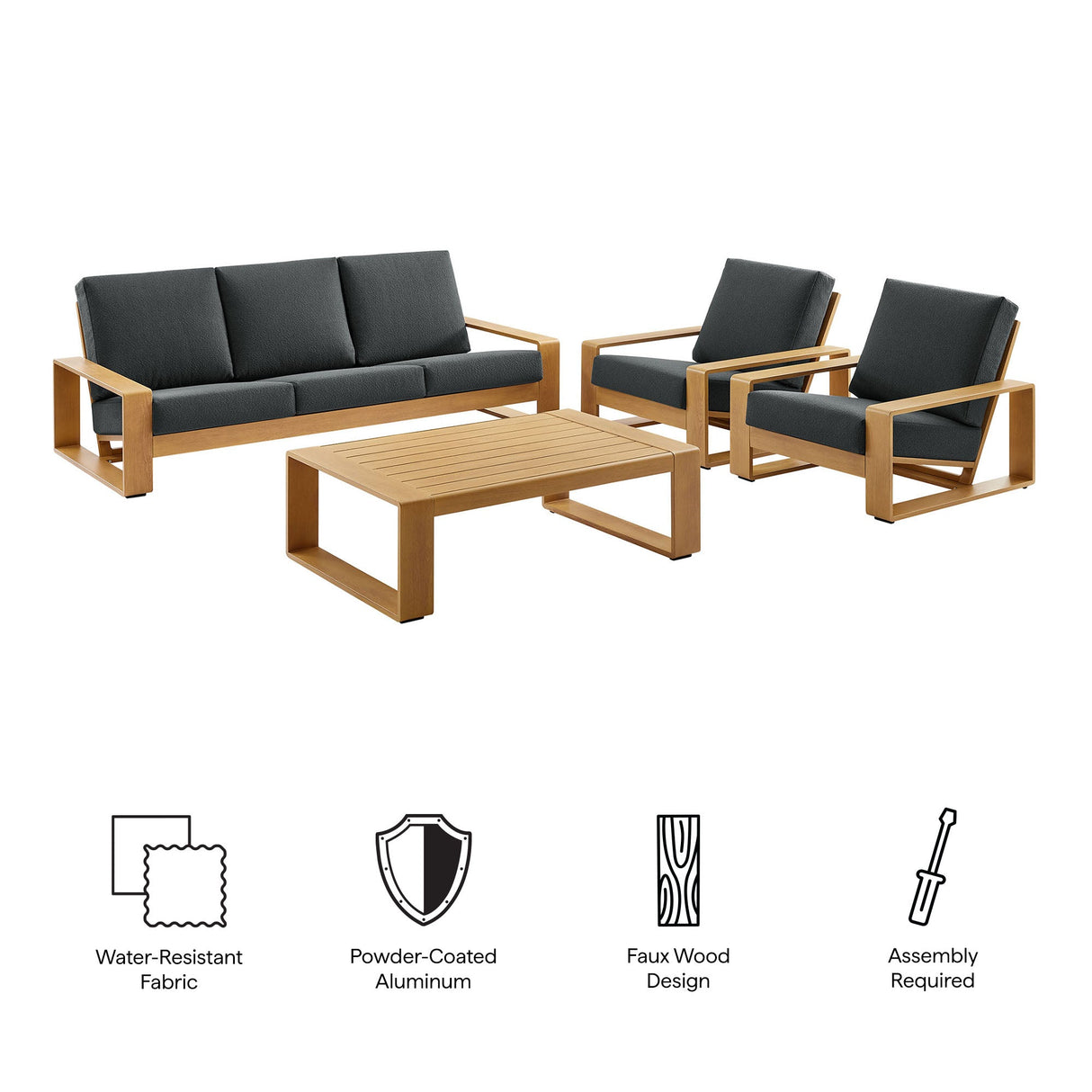4-Piece Modern Aluminum Faux Wood Outdoor Patio Conversation Furniture Set