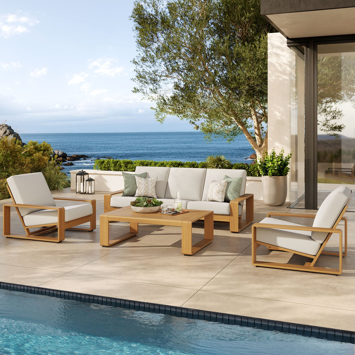 4-Piece Modern Aluminum Faux Wood Outdoor Patio Conversation Furniture Set