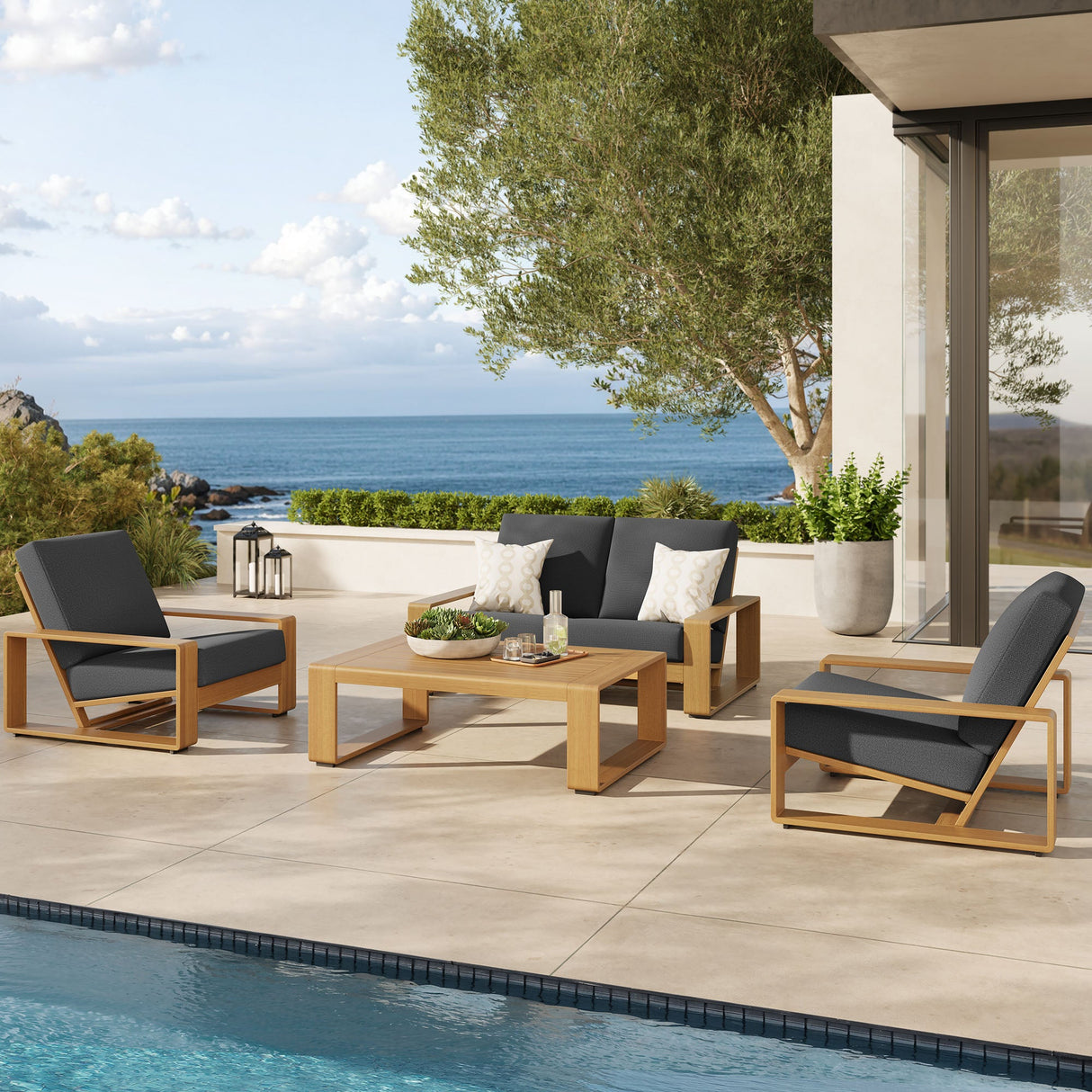 4-Piece Faux Wood Aluminum Patio Set with Comfortable Seating and Durable Construction