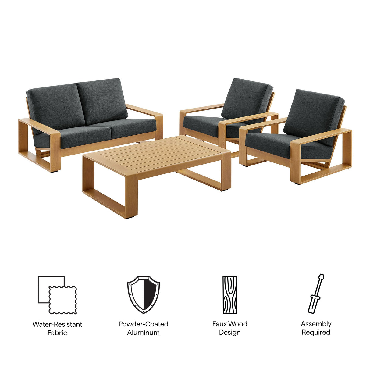 4-Piece Faux Wood Aluminum Patio Set with Comfortable Seating and Durable Construction