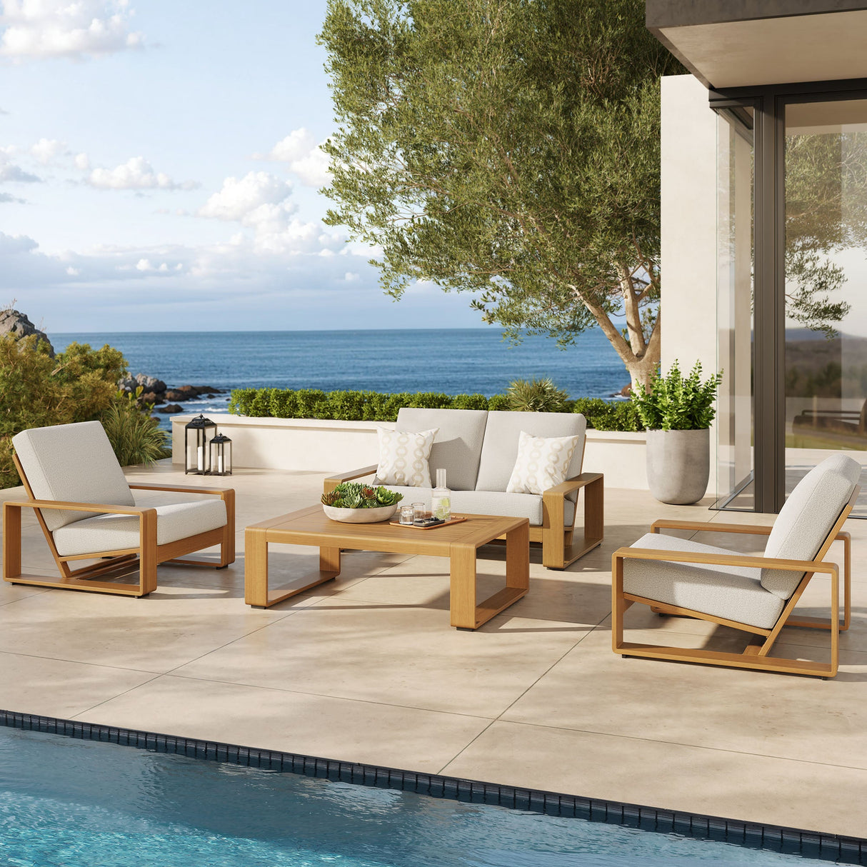 4-Piece Faux Wood Aluminum Patio Set with Comfortable Seating and Durable Construction
