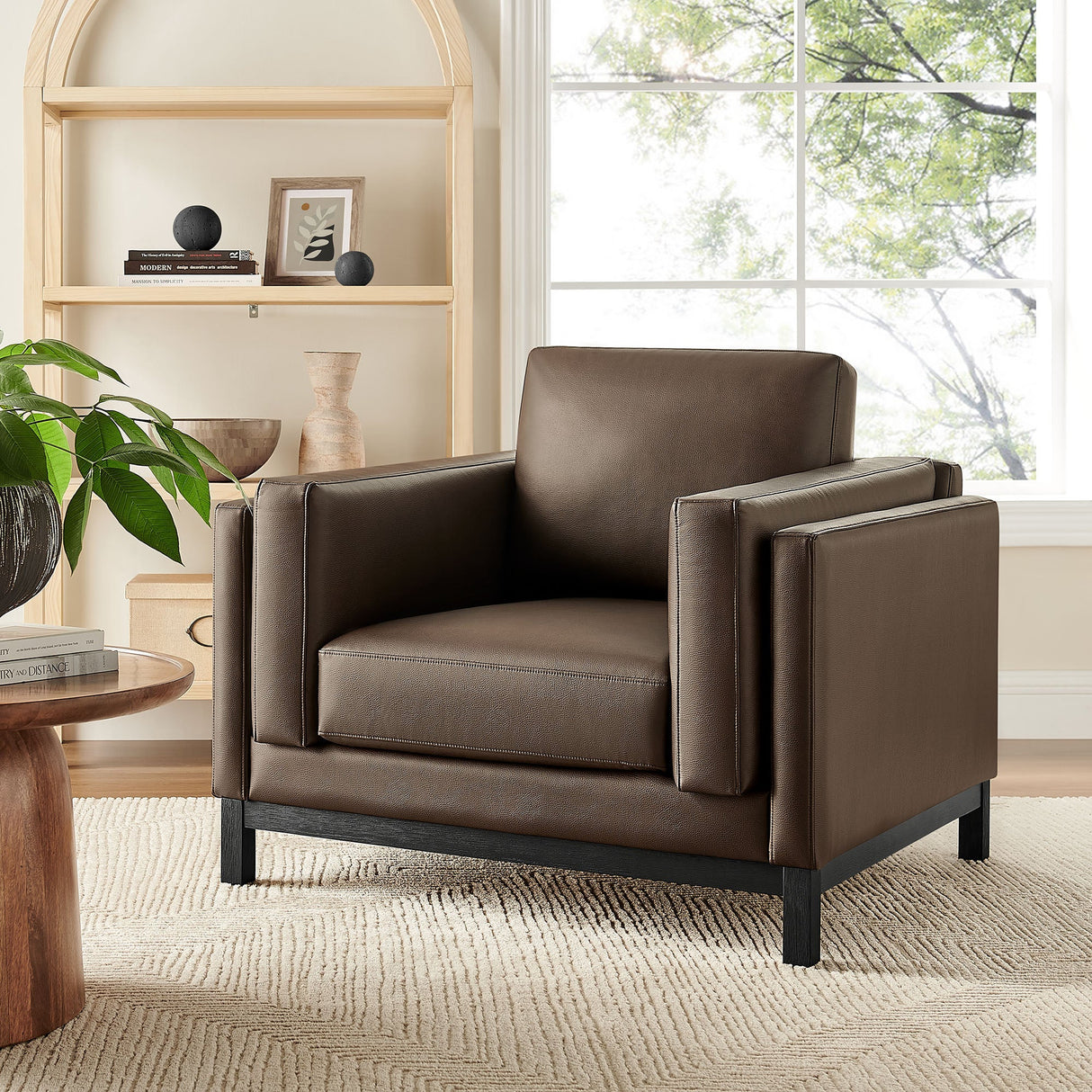 40 Inch Vegan Leather Armchair with Weathered Wood Frame