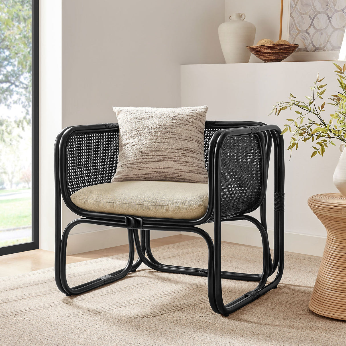 30 Inch Natural Rattan Accent Armchair with Machine Washable Cushion