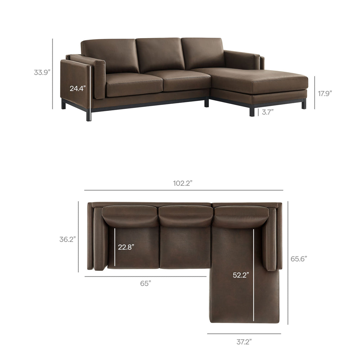 2 Piece 102" Right-Facing Vegan Leather Sectional Sofa with Chaise