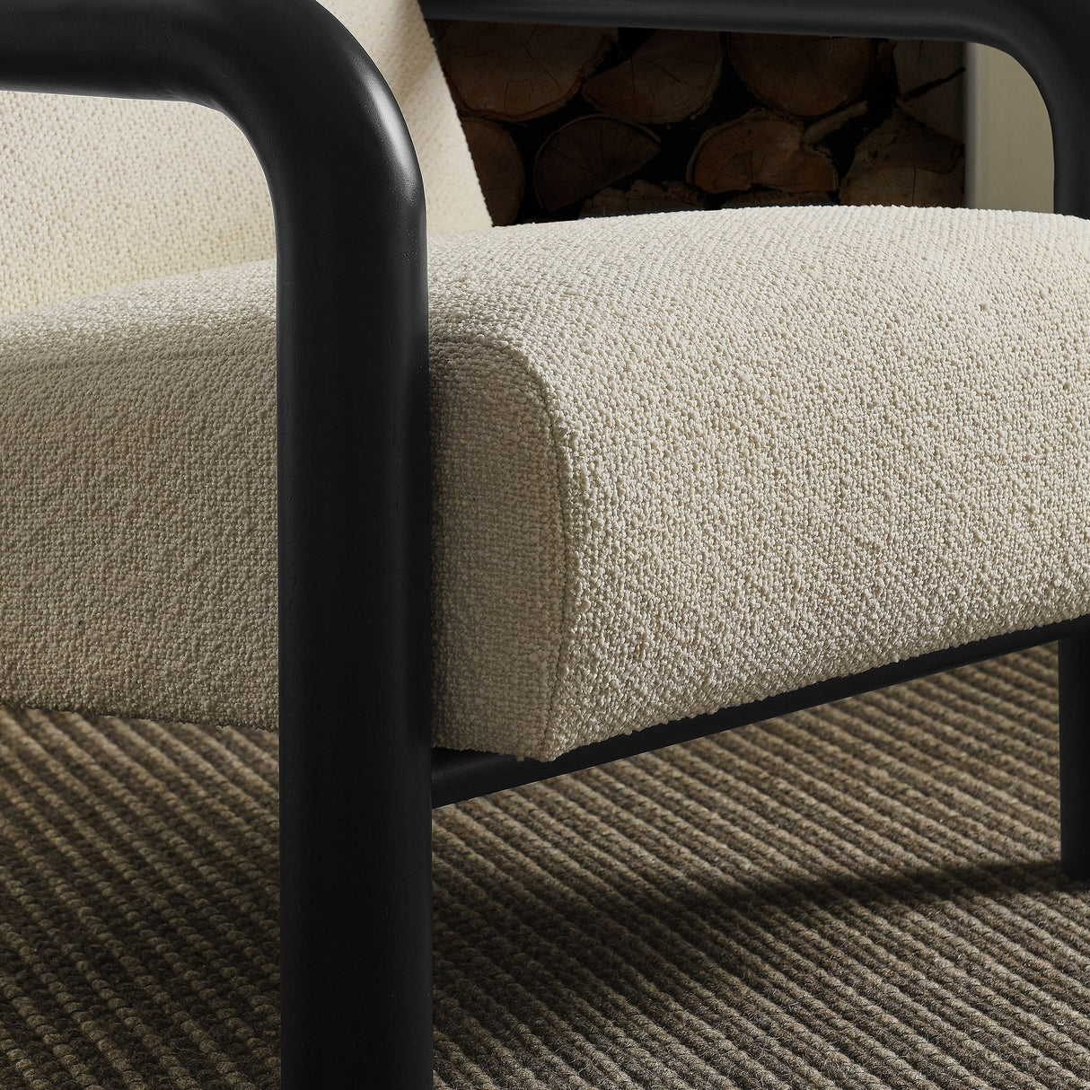 30 Inch Lattice Boucle Accent Chair with Rounded Wood Arms