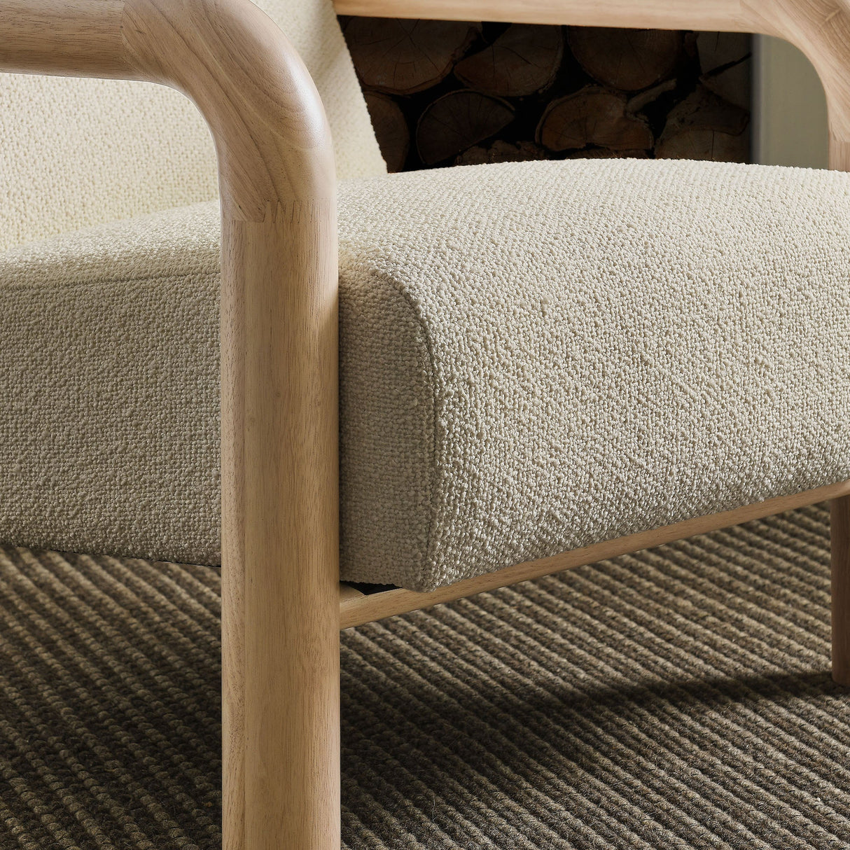 30 Inch Lattice Boucle Accent Chair with Rounded Wood Arms