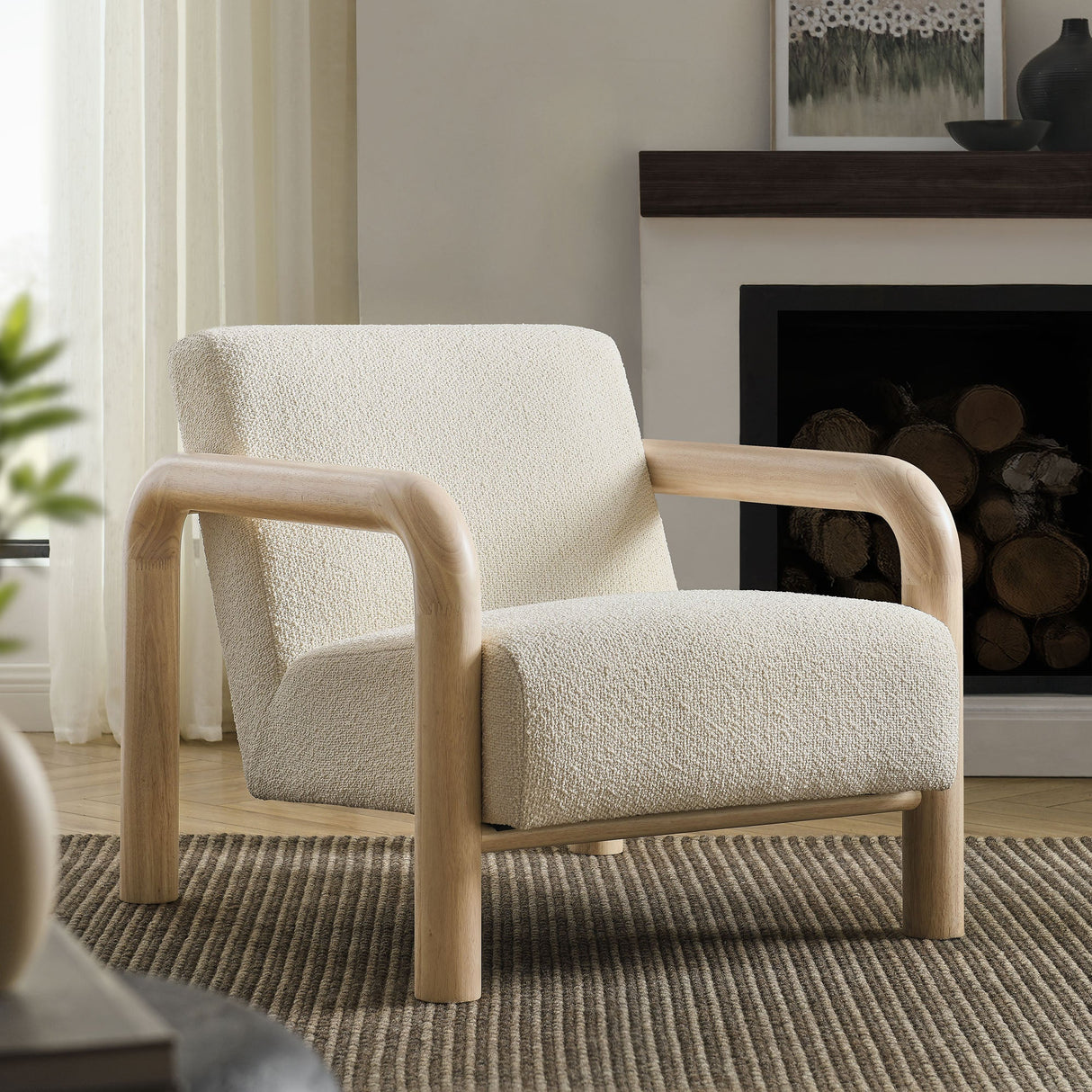 30 Inch Lattice Boucle Accent Chair with Rounded Wood Arms