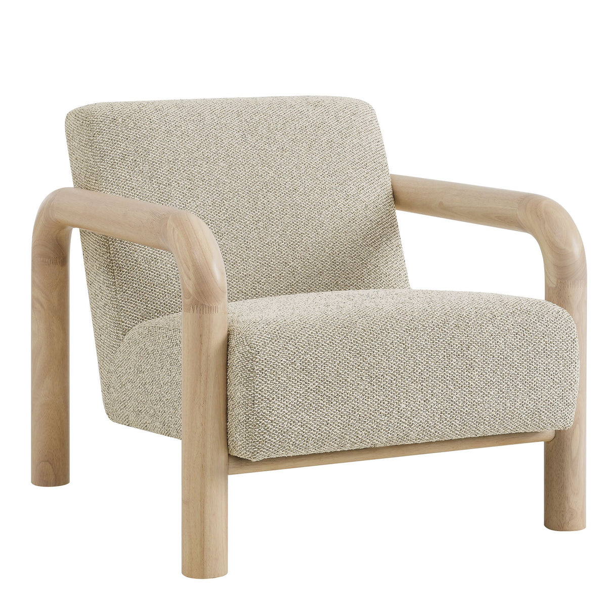 30 Inch Lattice Boucle Accent Chair with Rounded Wood Arms