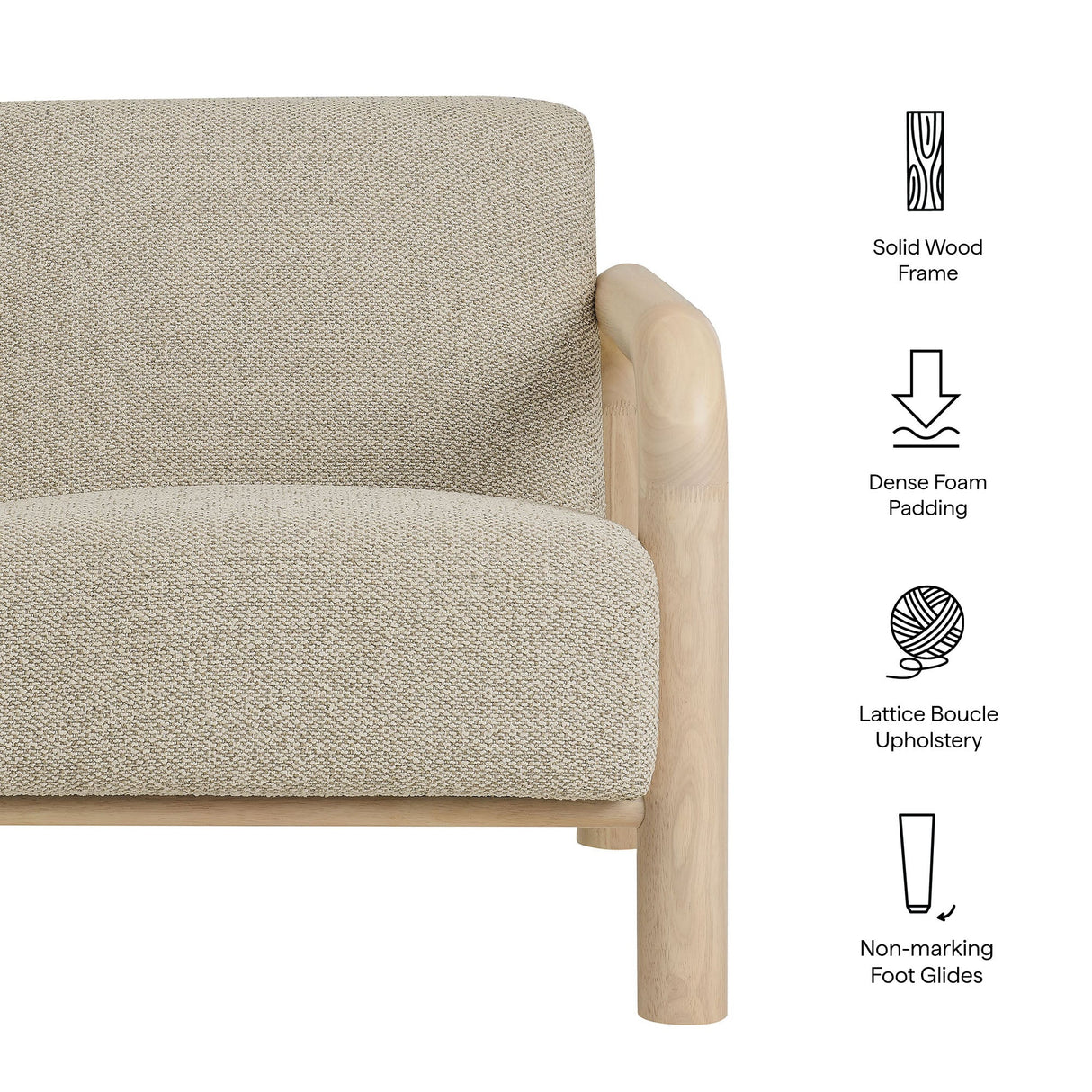 30 Inch Lattice Boucle Accent Chair with Rounded Wood Arms