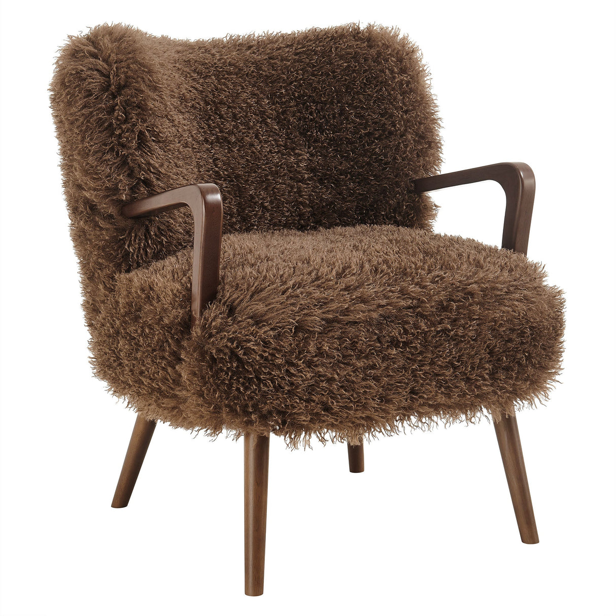 28 Inch Mid-Century Modern Faux High-Pile Shearling Accent Armchair with Wood Frame