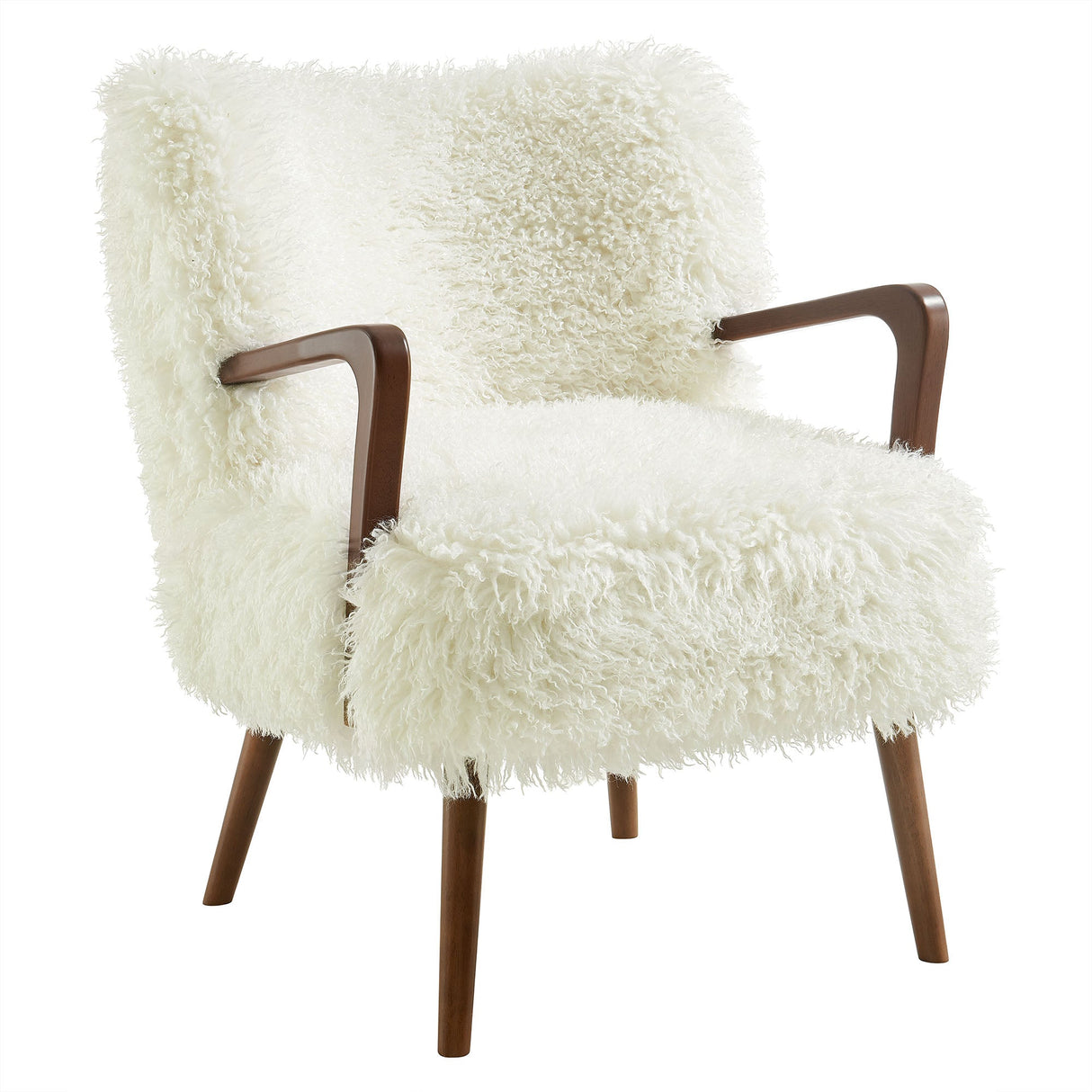 28 Inch Mid-Century Modern Faux High-Pile Shearling Accent Armchair with Wood Frame