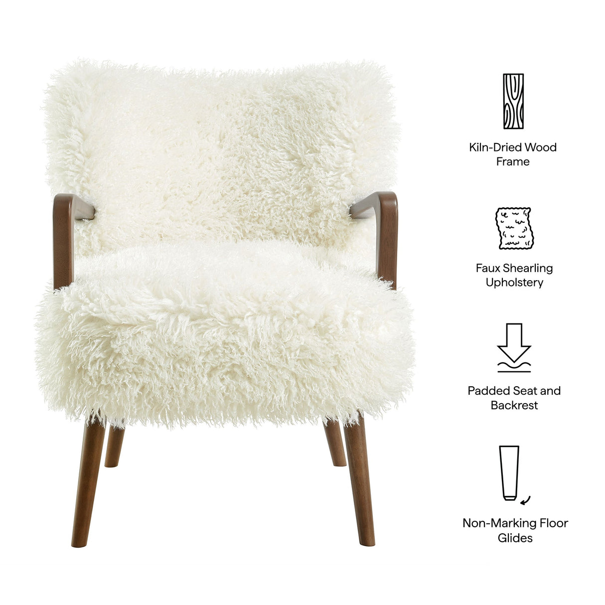 28 Inch Mid-Century Modern Faux High-Pile Shearling Accent Armchair with Wood Frame