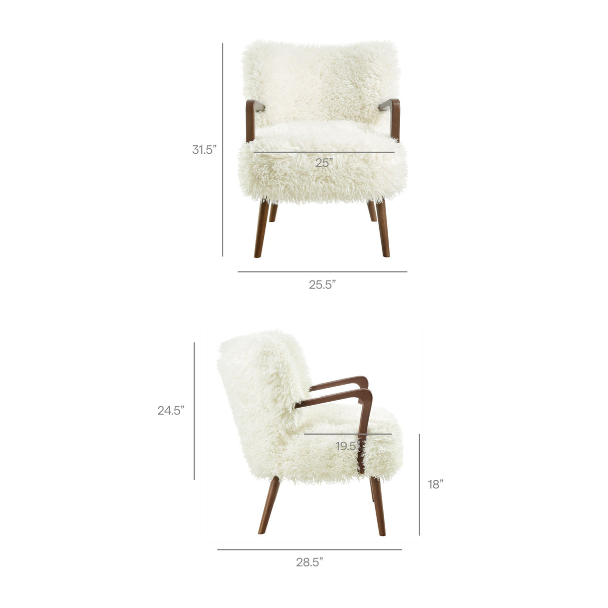 28 Inch Mid-Century Modern Faux High-Pile Shearling Accent Armchair with Wood Frame