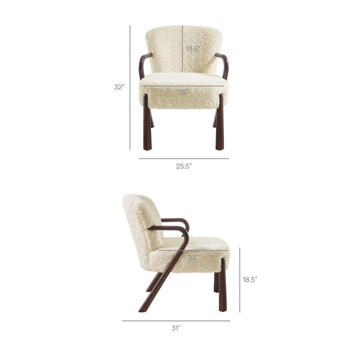 31 Inch Mid-Century Modern Faux Shearling Accent Armchair with Sculptural Wood Frame