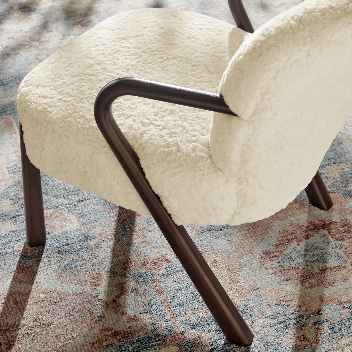 31 Inch Mid-Century Modern Faux Shearling Accent Armchair with Sculptural Wood Frame