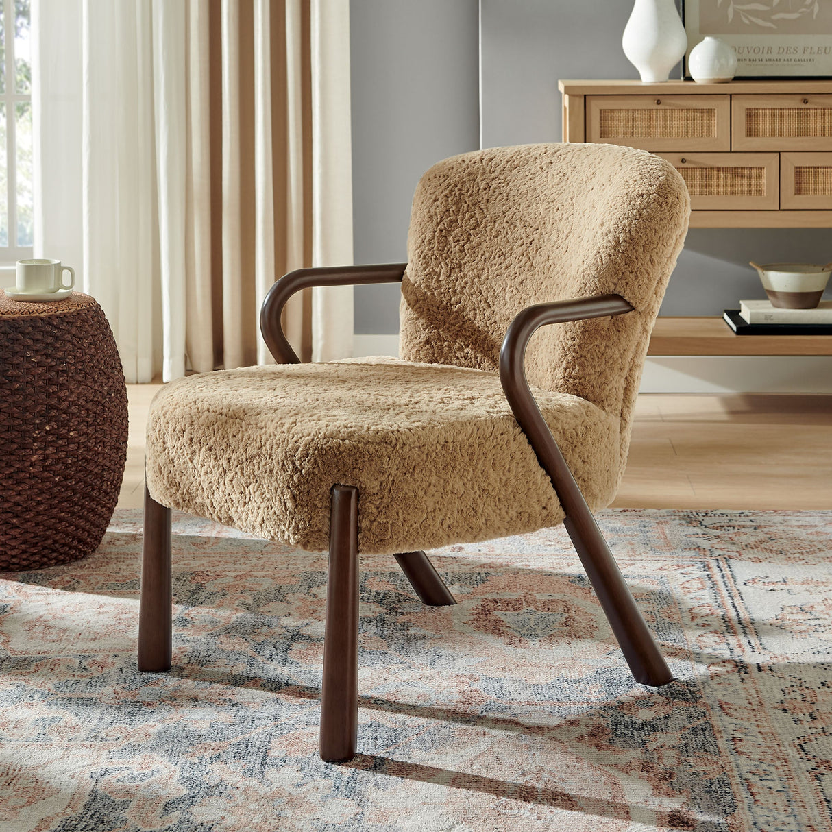 31 Inch Mid-Century Modern Faux Shearling Accent Armchair with Sculptural Wood Frame