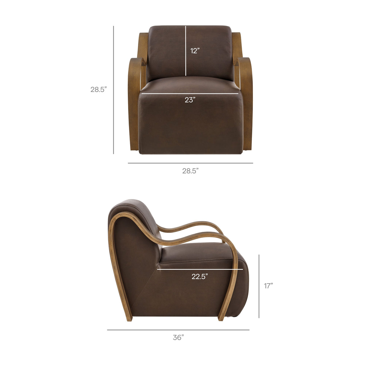28 Inch Modern Vegan Leather Accent Armchair with Sculptural Bentwood Arms