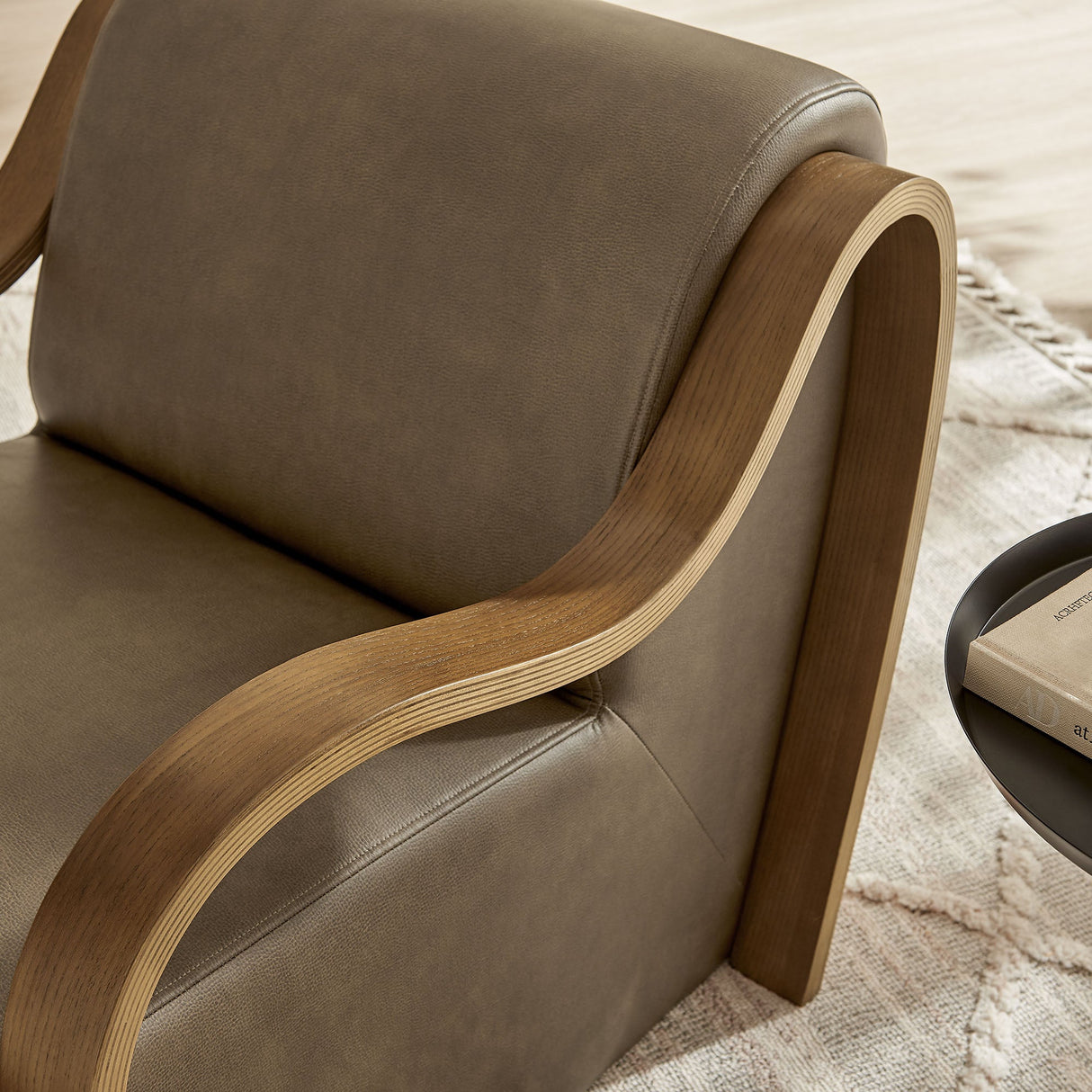 28 Inch Modern Vegan Leather Accent Armchair with Sculptural Bentwood Arms