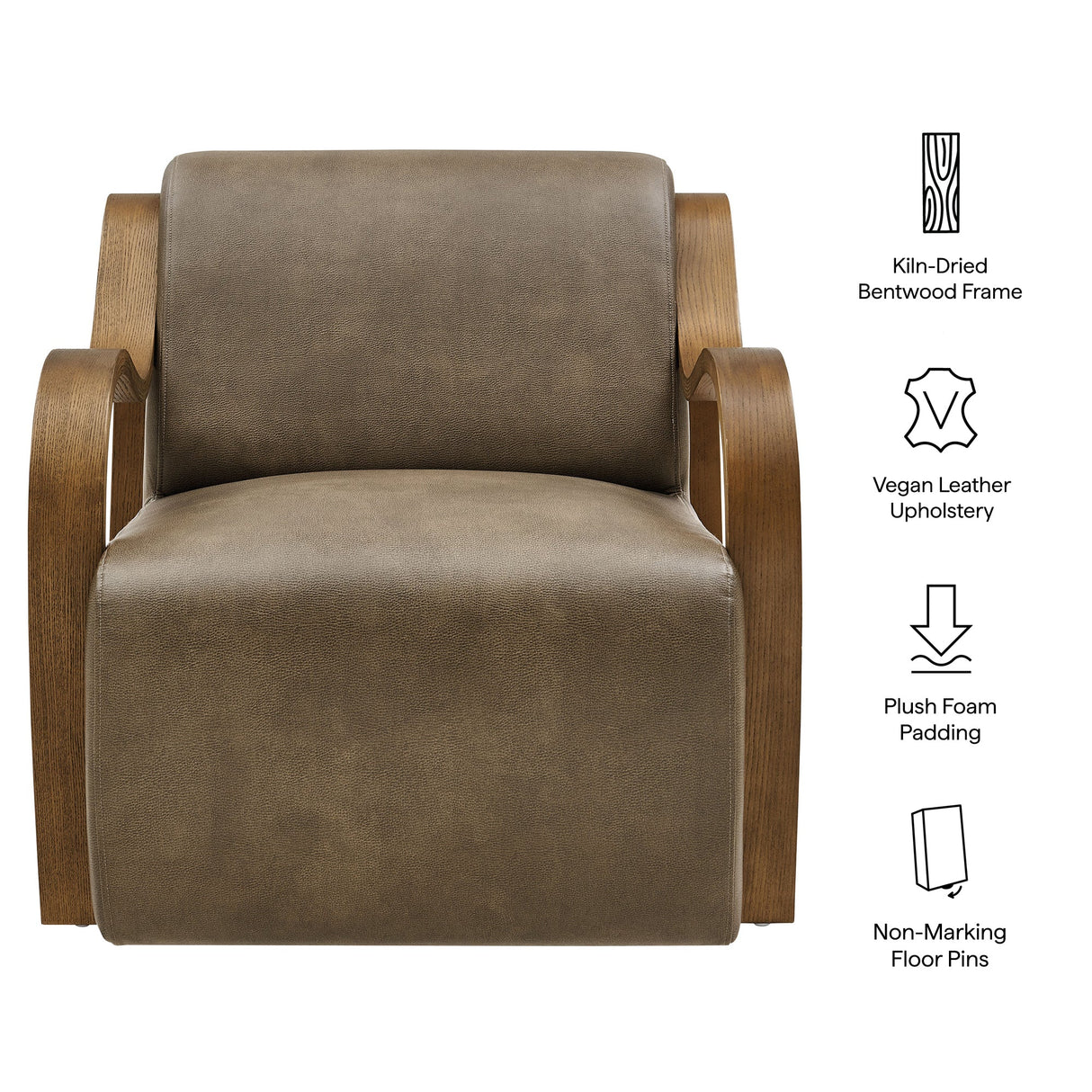 28 Inch Modern Vegan Leather Accent Armchair with Sculptural Bentwood Arms