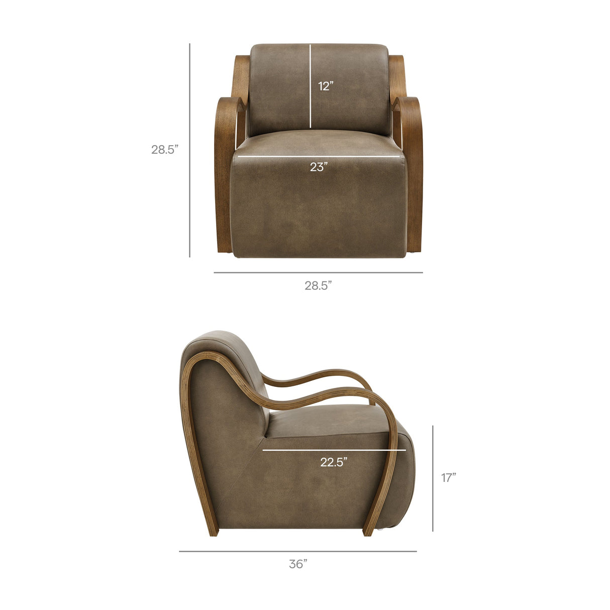 28 Inch Modern Vegan Leather Accent Armchair with Sculptural Bentwood Arms
