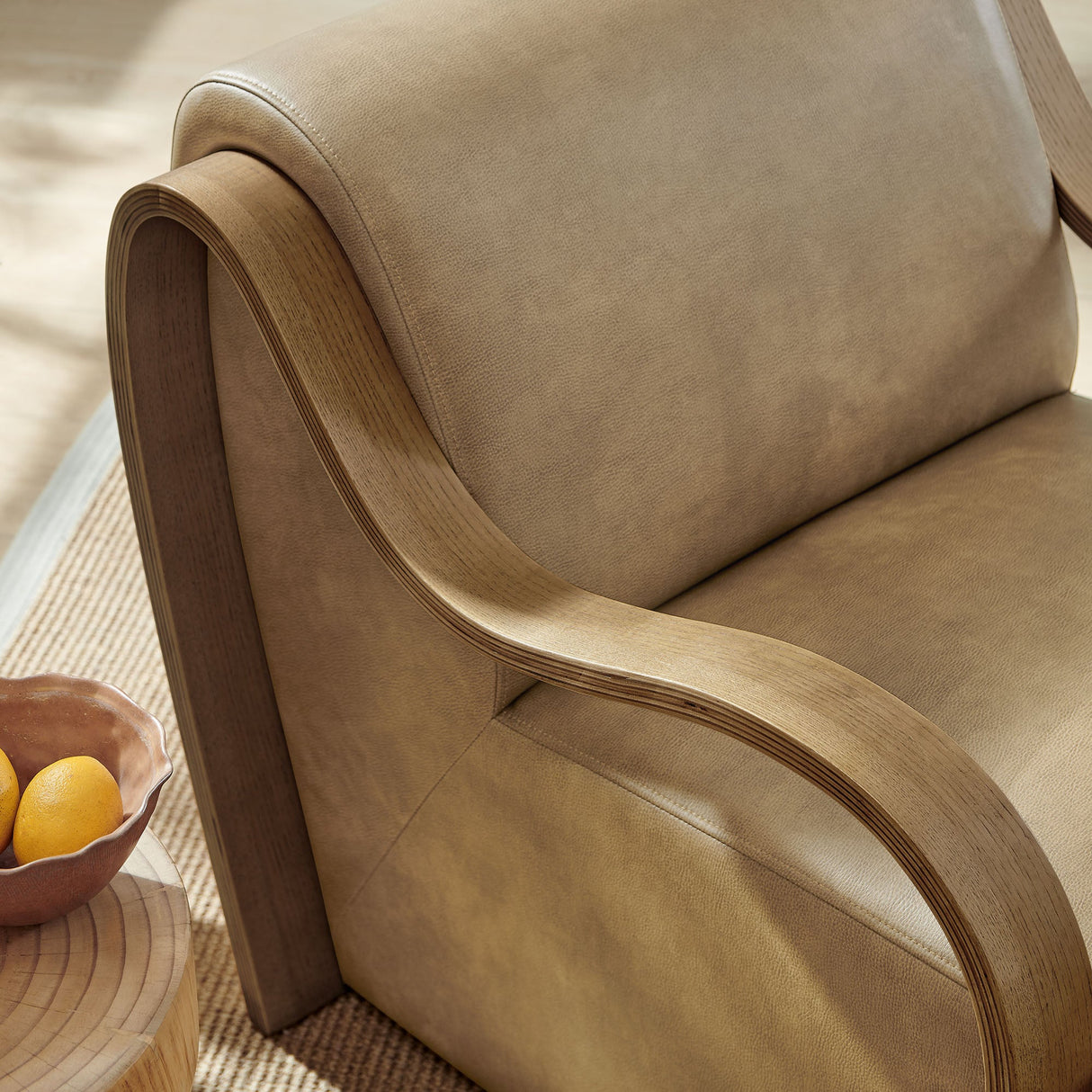 28 Inch Modern Vegan Leather Accent Armchair with Sculptural Bentwood Arms