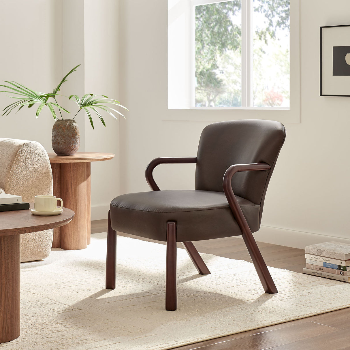 26 Inch Mid-Century Modern Faux Leather Accent Armchair with Sculptural Wood Frame