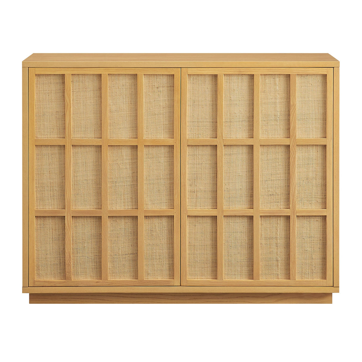 39 Inch Japandi Accent Cabinet with Woven Geometric Doors and Ash Wood Veneer in Light Oak