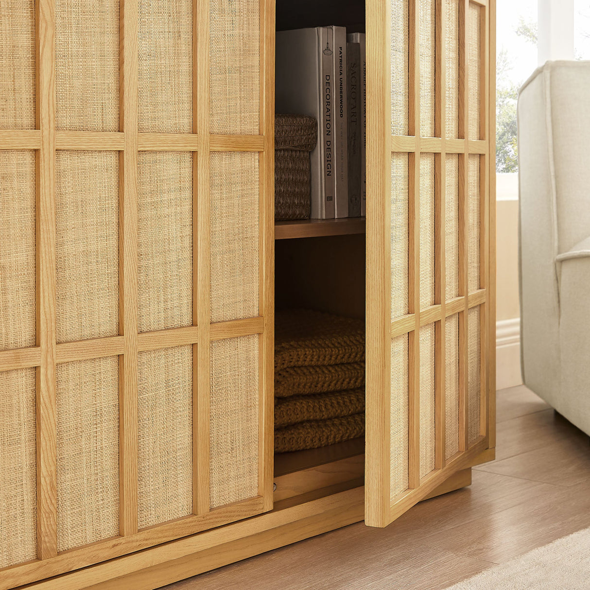 39 Inch Japandi Accent Cabinet with Woven Geometric Doors and Ash Wood Veneer in Light Oak