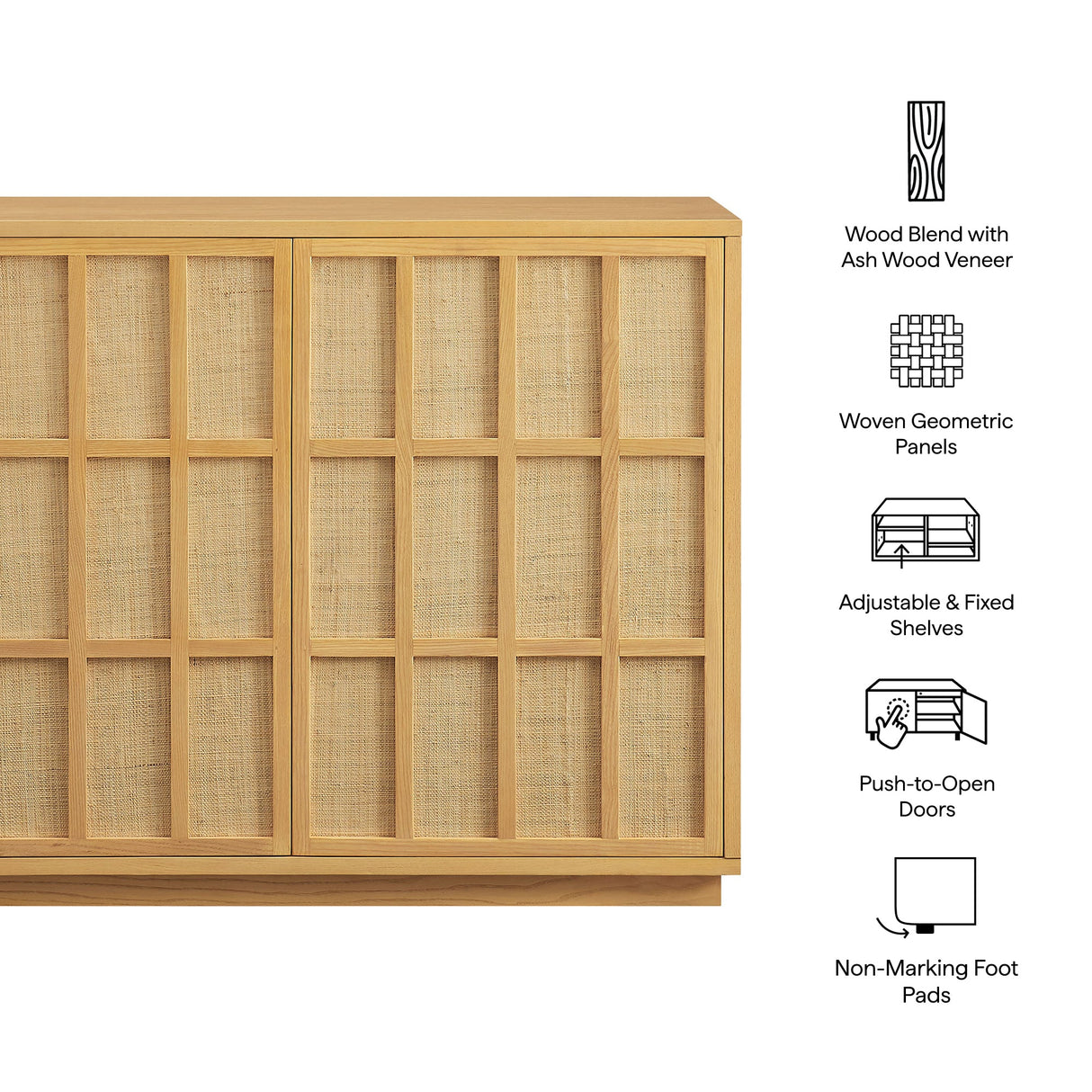 39 Inch Japandi Accent Cabinet with Woven Geometric Doors and Ash Wood Veneer in Light Oak