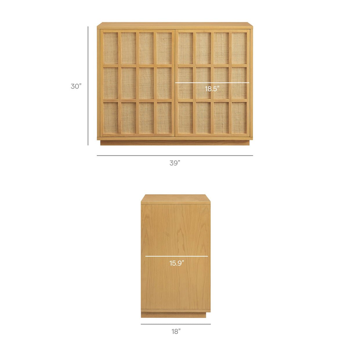 39 Inch Japandi Accent Cabinet with Woven Geometric Doors and Ash Wood Veneer in Light Oak