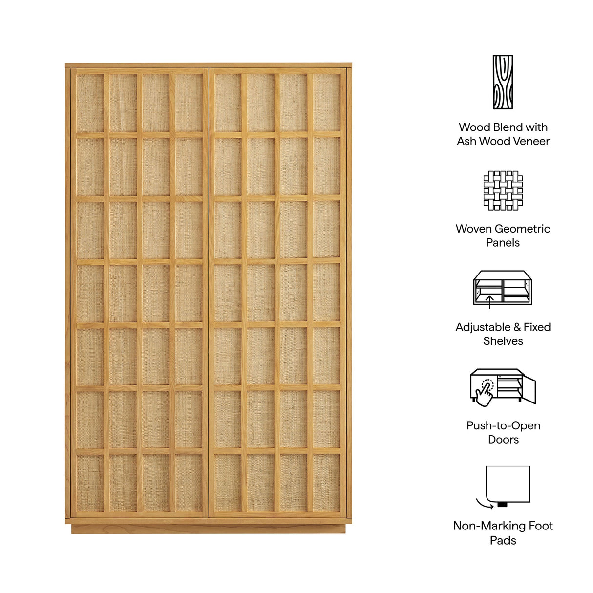 64 Inch Tall Japandi Storage Cabinet with Woven Geometric Doors in Light Oak