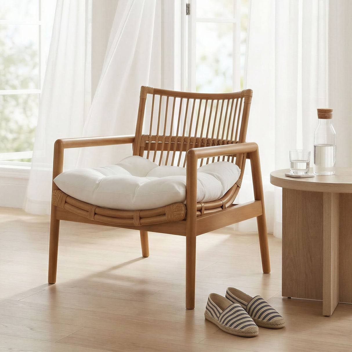 27 Inch Wood and Natural Rattan Lounge Chair with Mahogany Frame