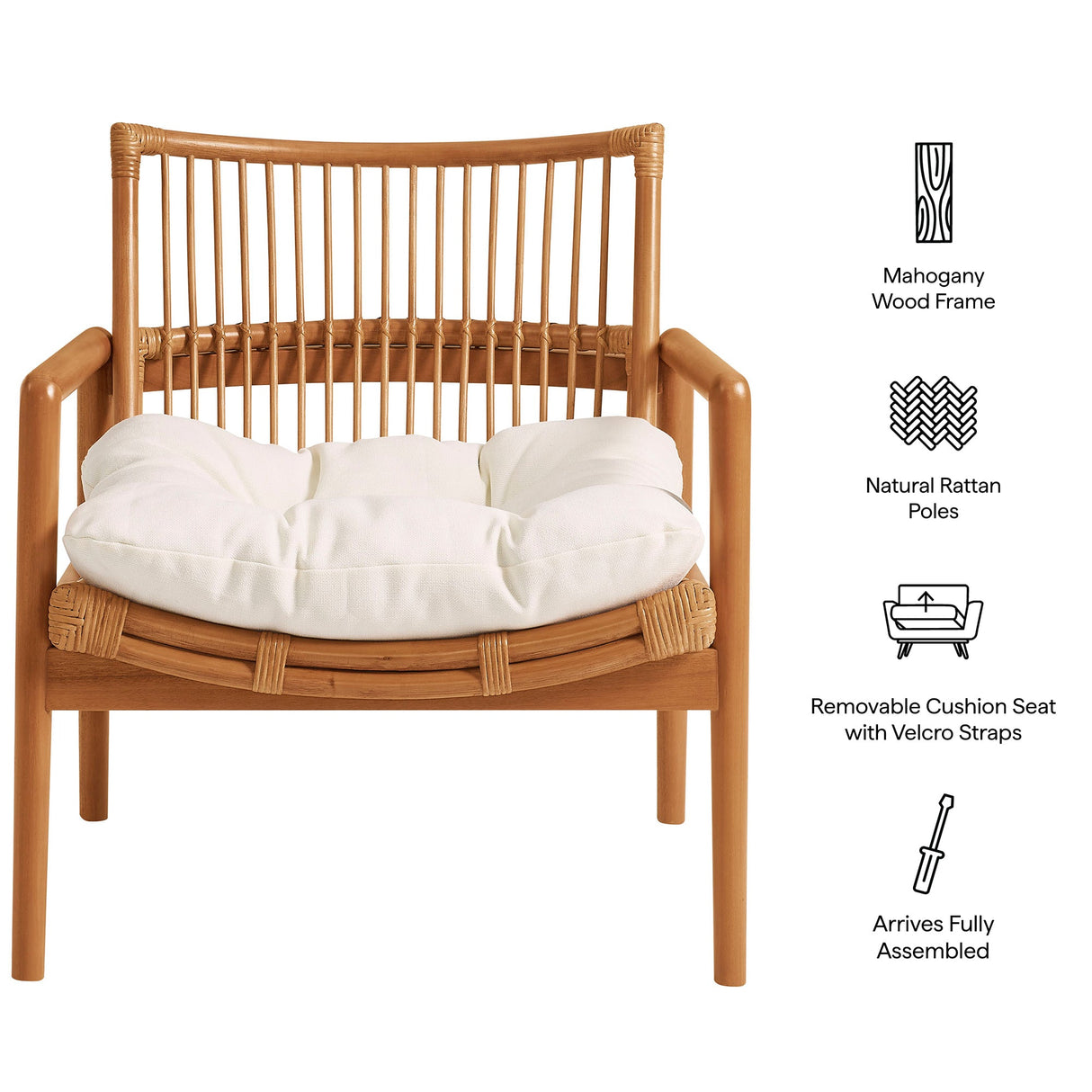 27 Inch Wood and Natural Rattan Lounge Chair with Mahogany Frame