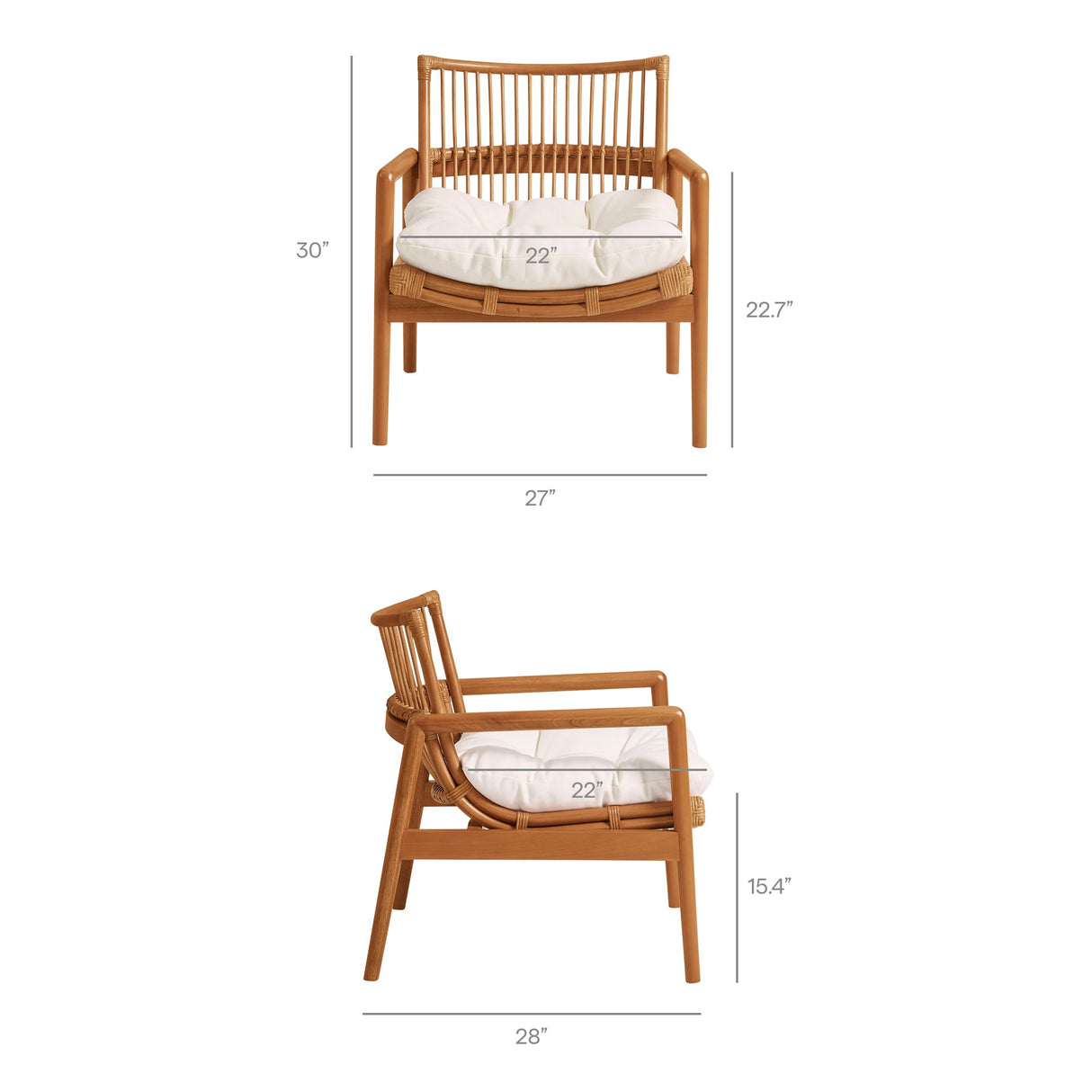 27 Inch Wood and Natural Rattan Lounge Chair with Mahogany Frame