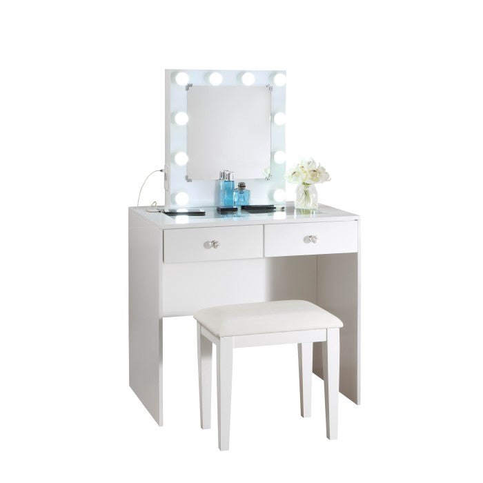 White Makeup Vanity with Lighted Mirror, USB Power and Stool