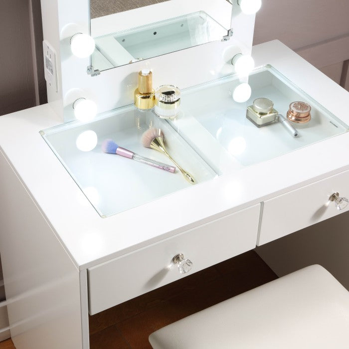 White Makeup Vanity with Lighted Mirror, USB Power and Stool