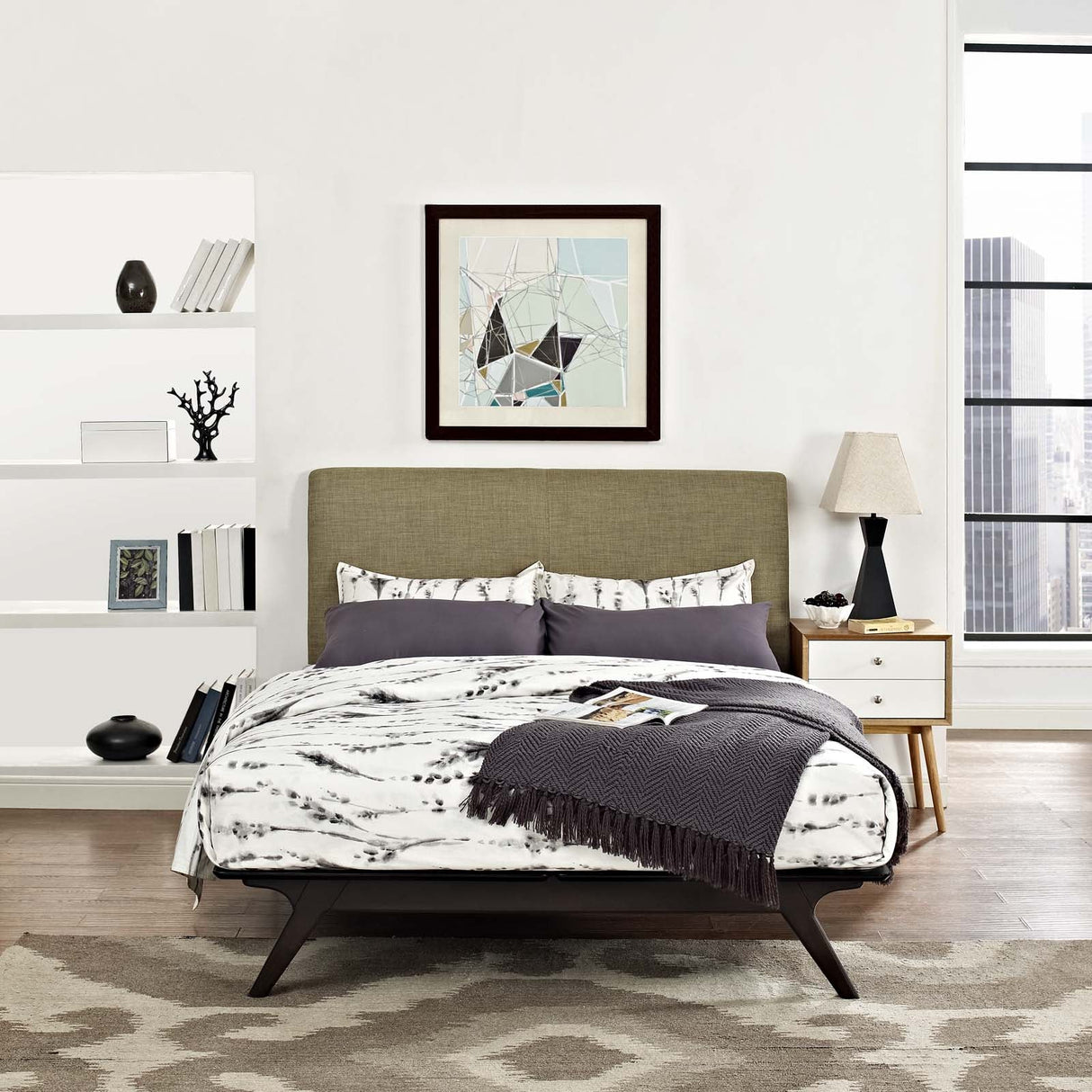 Mid-Century Modern Upholstered Platform Bed