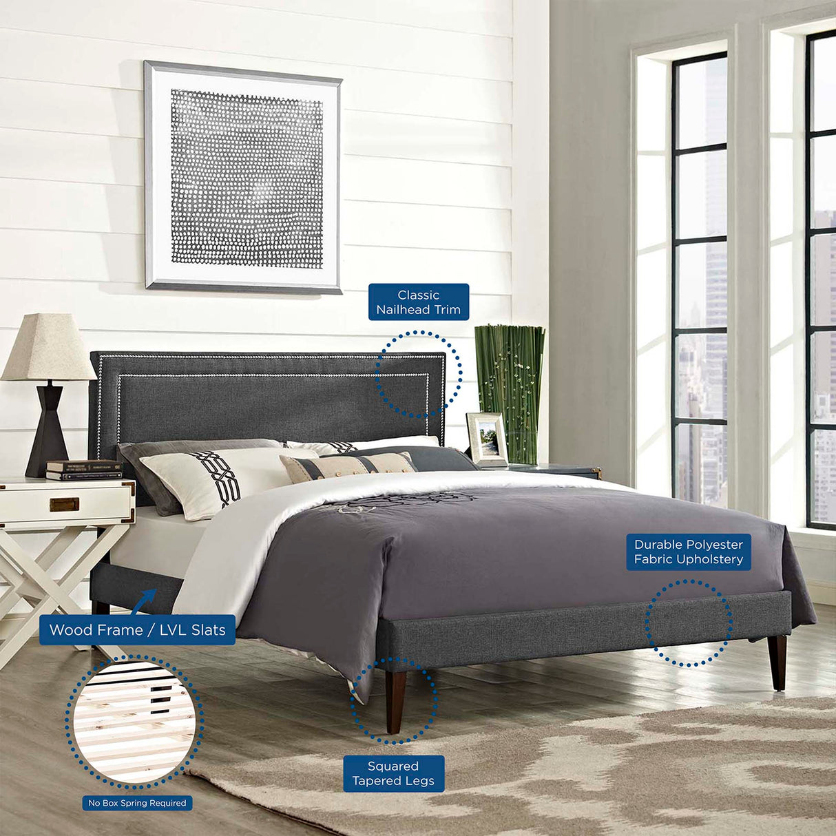 Upholstered Fabric Full Platform Bed with Squared Tapered Legs in Gray