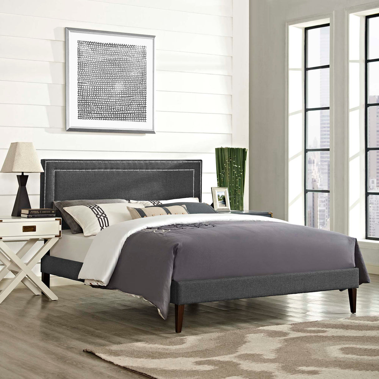 Upholstered Fabric Full Platform Bed with Squared Tapered Legs in Gray