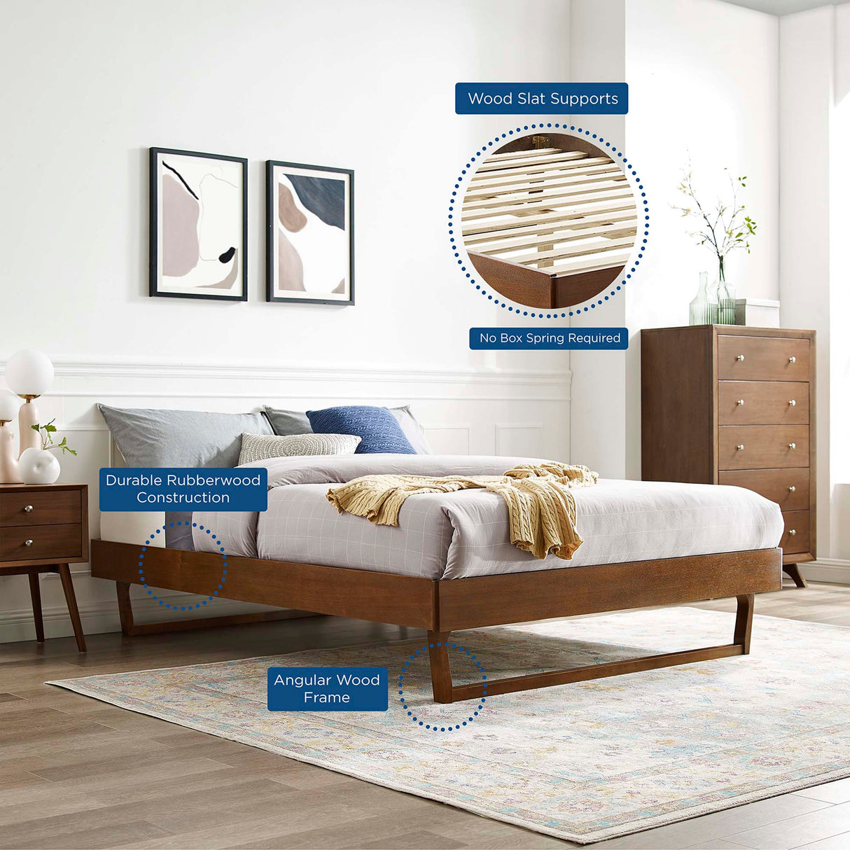 Mid-Century Wood Platform Bed Frame