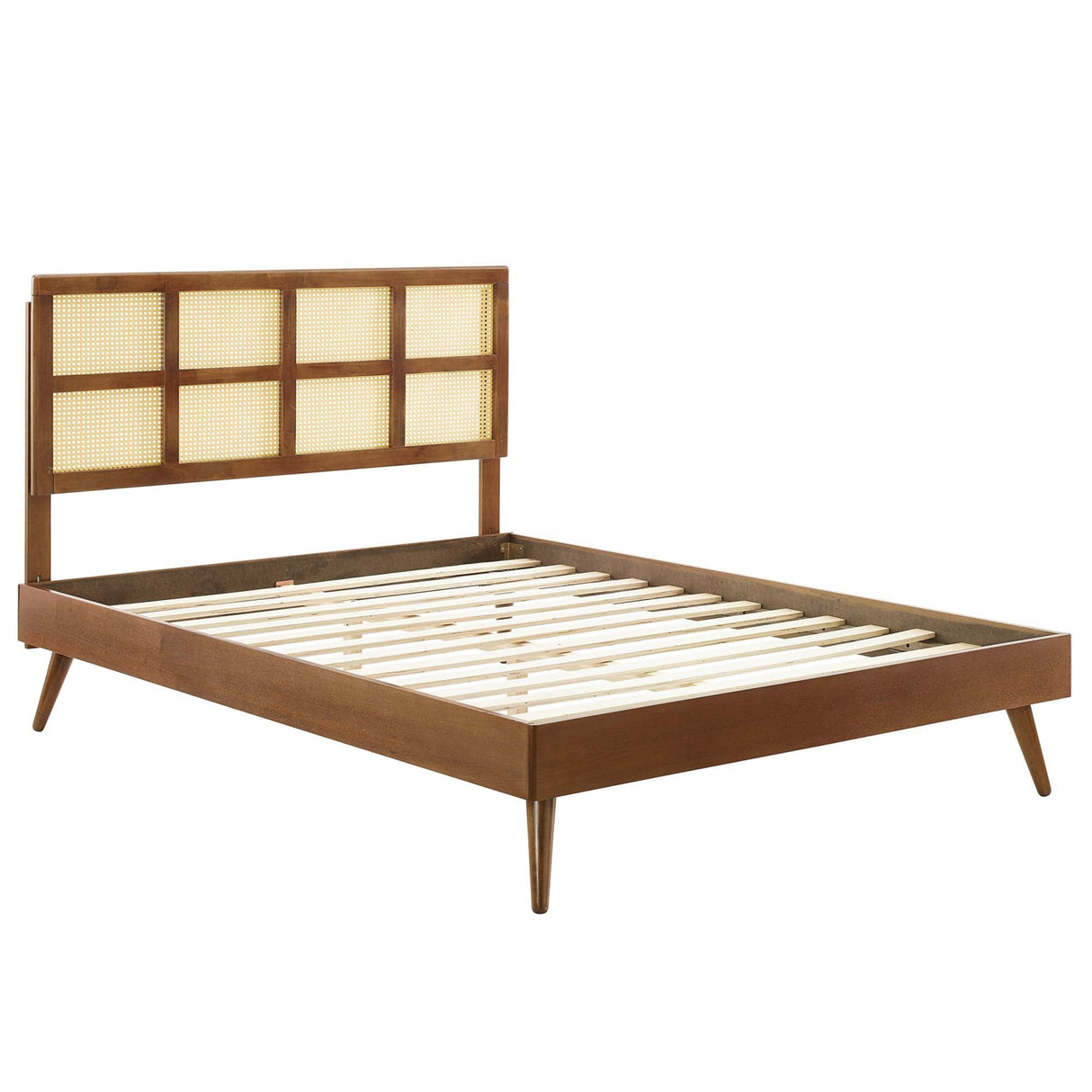 Woven Cane Rattan and Wood Platform Bed with Splayed Legs