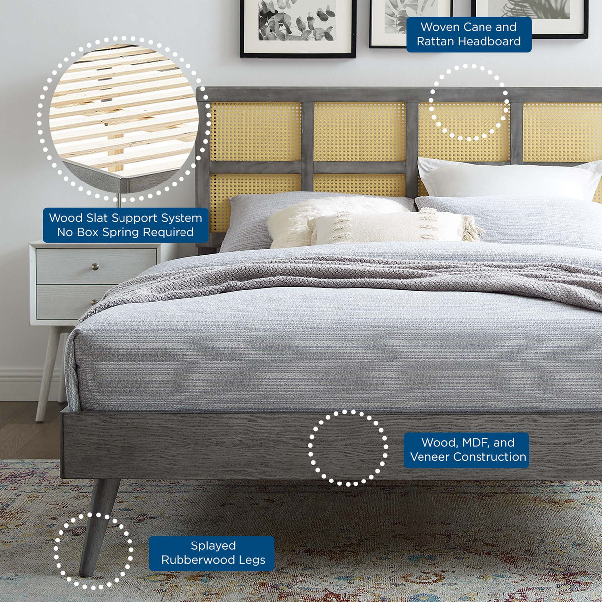 Woven Cane Rattan and Wood Platform Bed with Splayed Legs