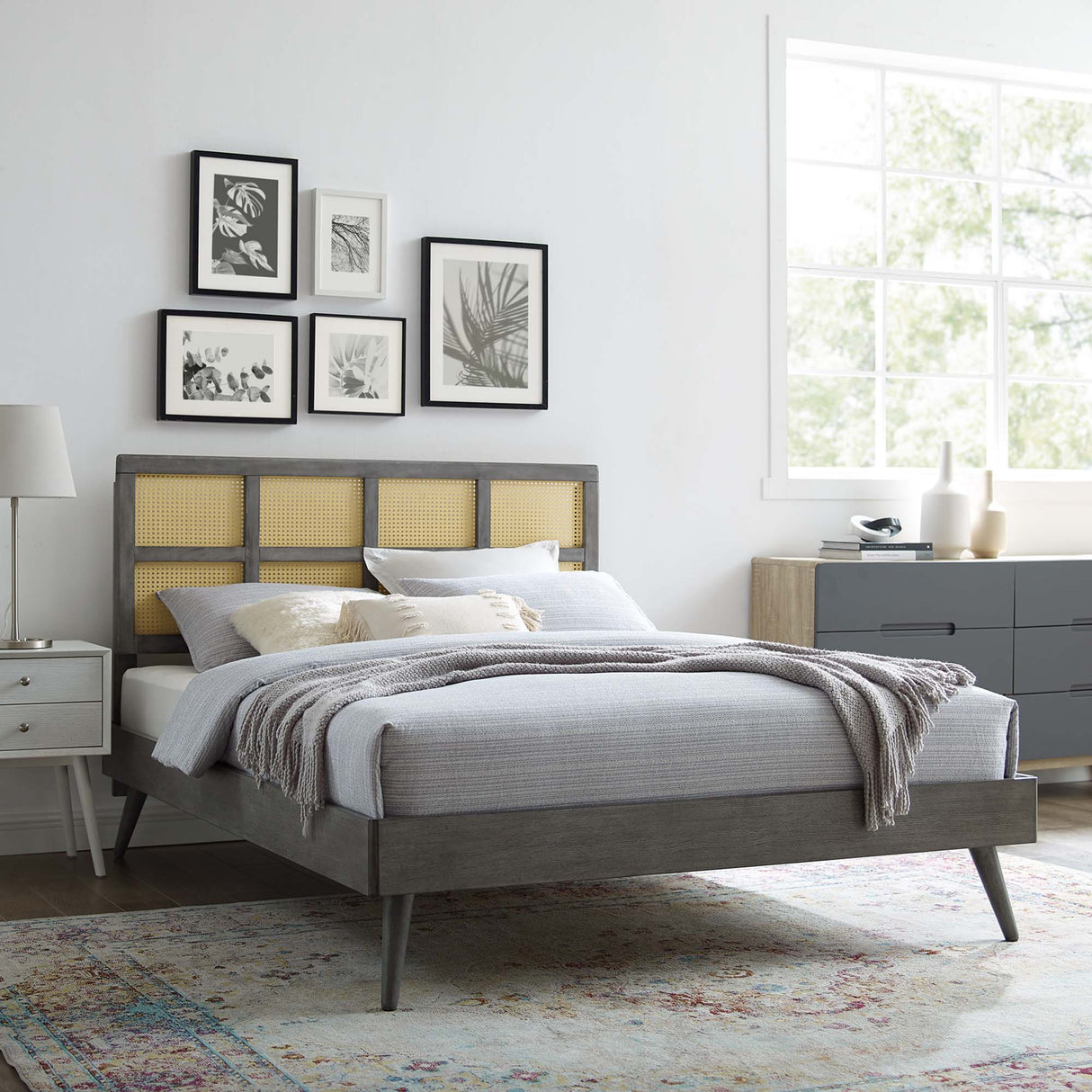 Woven Cane Rattan and Wood Platform Bed with Splayed Legs